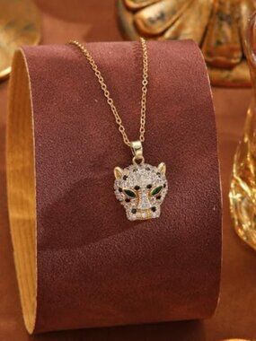 Leopard Head Rhinestone Pendant‎ Titanium Steel Necklace For Women